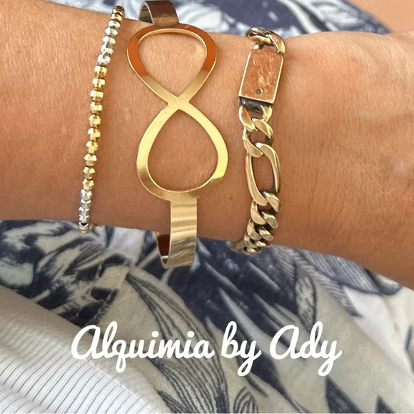 Lux Gold steel infinity knot cuff open bangle tennis bracelet maximalist boho - Picture 2 of 10